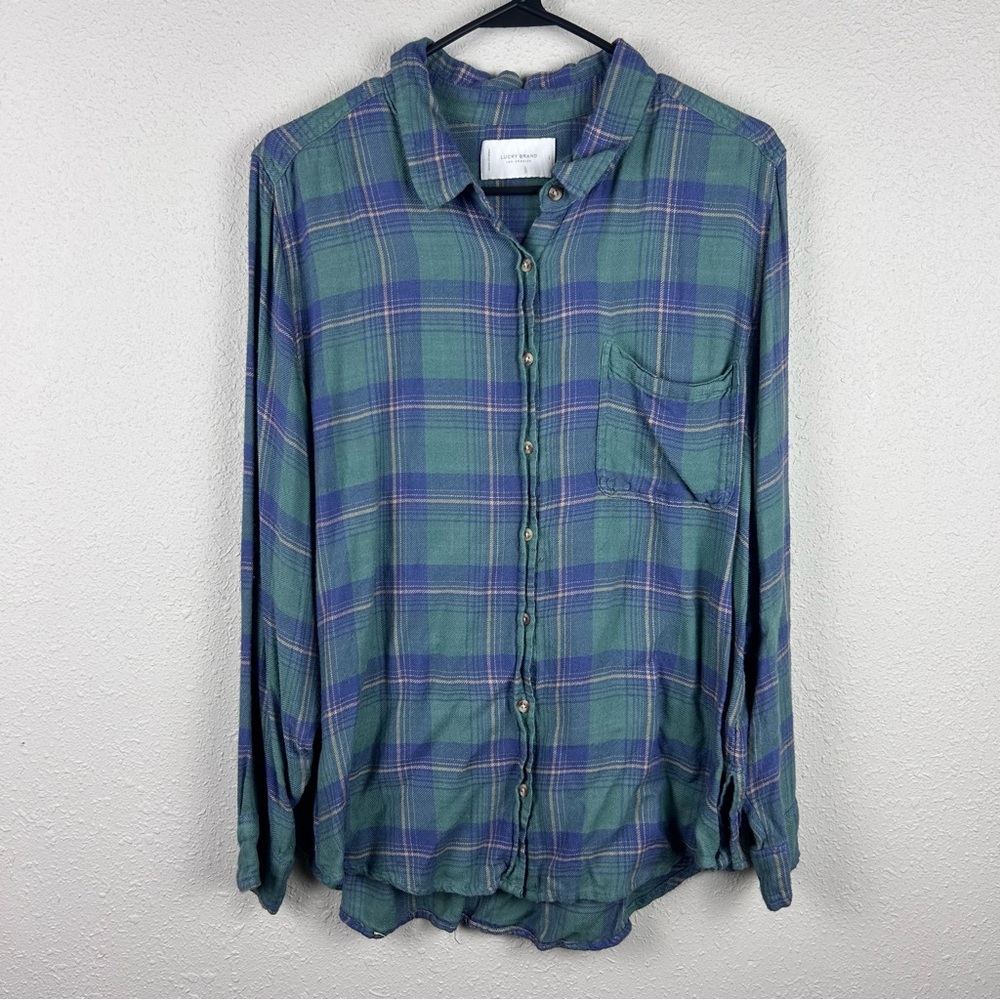 Lucky Brand Green and Blue Classic One Pocket Plaid Button Down Shirt, L